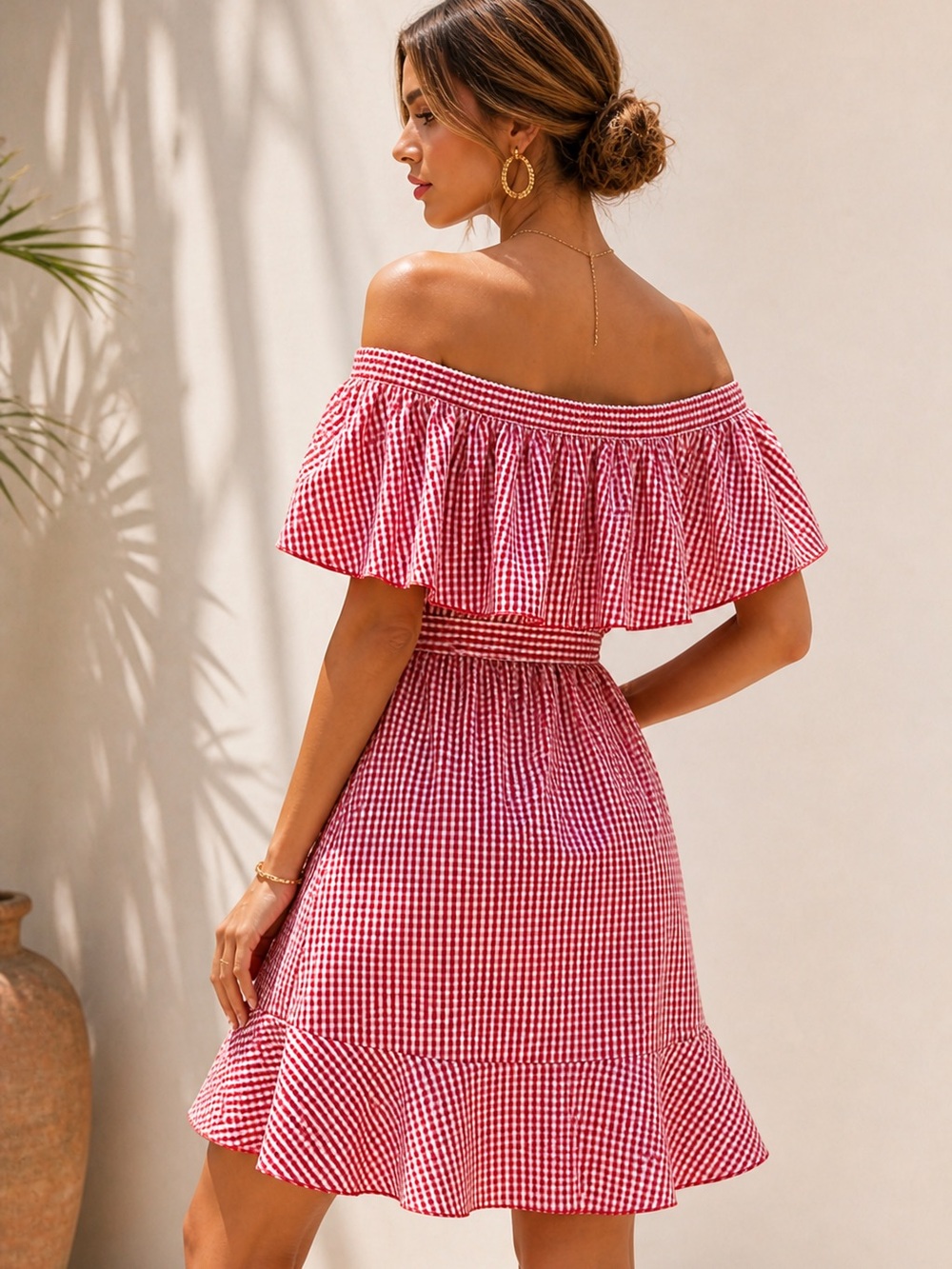SHEIN Red Gingham One-Shoulder Ruffle Dress - Picture 4 of 5